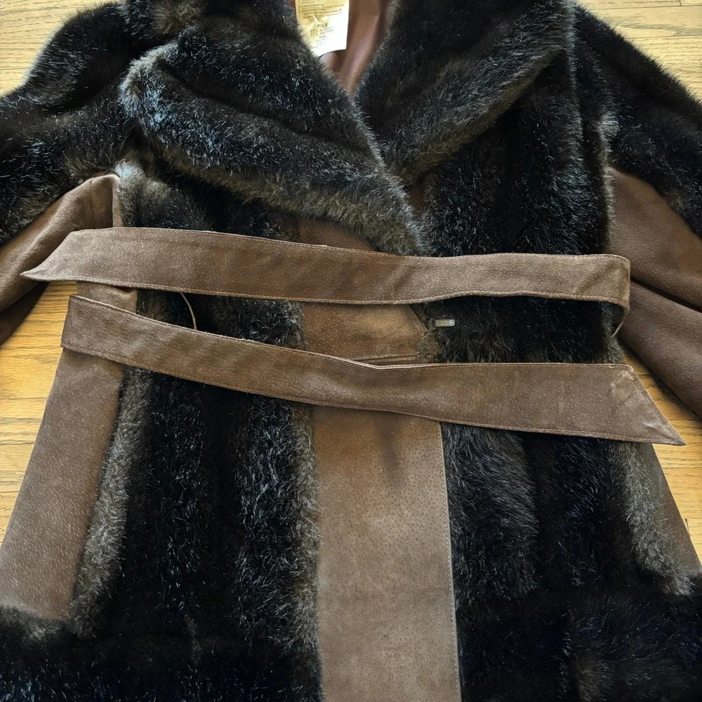 Vintage Rosewin Tissavel Brown Faux Fur Suede Belted Mid Coat Jacket Womens M‎ L
